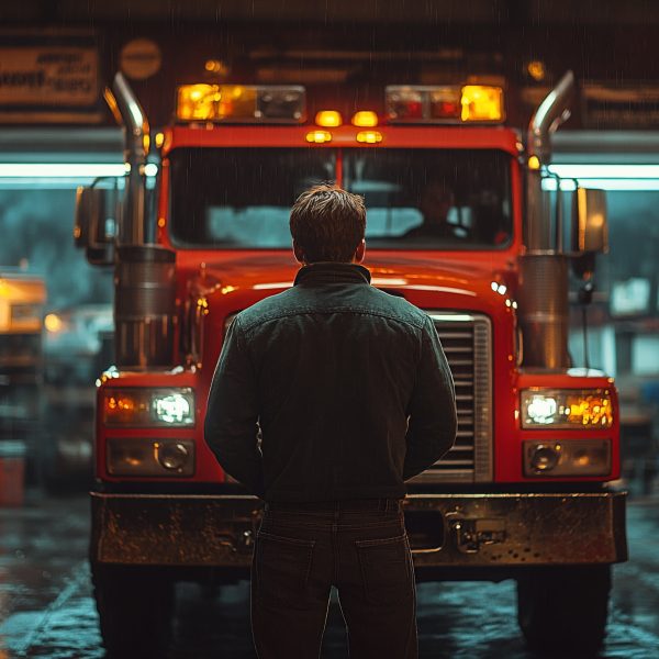 Man stands before a red big rig truck in a garage