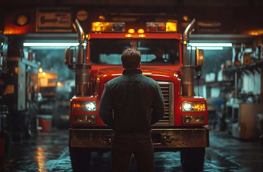 Man stands before a red big rig truck in a garage