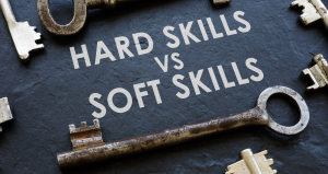 "Hard Sills vs Soft Skills" on blue background with keys
