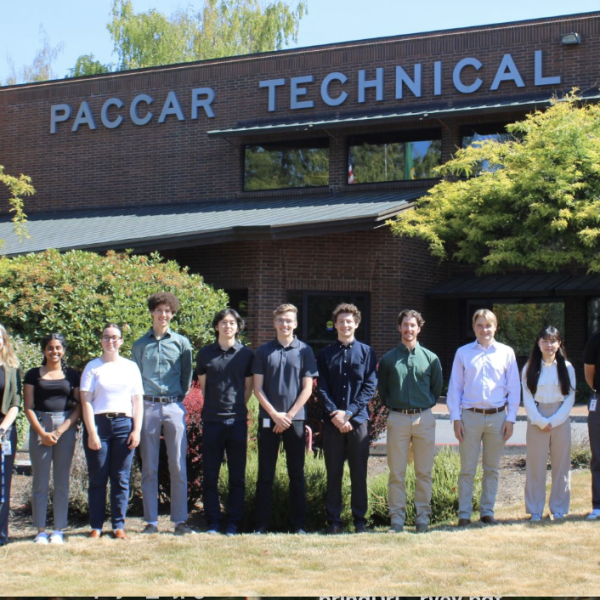 Interns in front of PACCAR Technical Center building