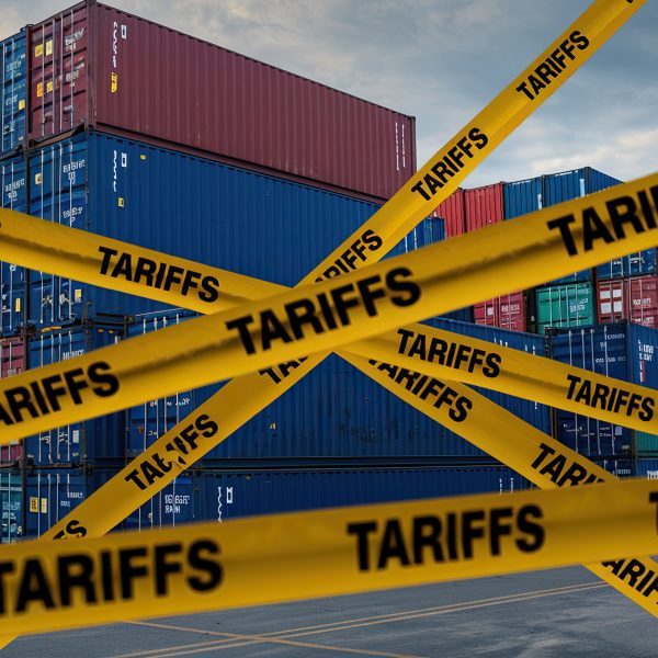 Shipping containers with yellow "Tariffs" tape across them
