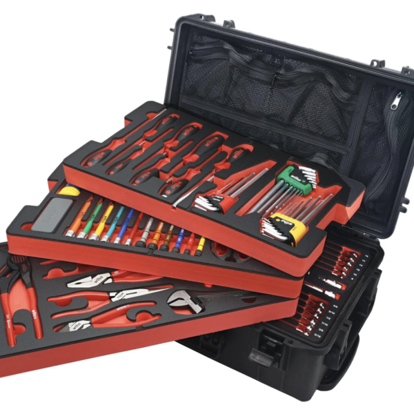 Rolling tool case has specific spot for all 158 tools it provides